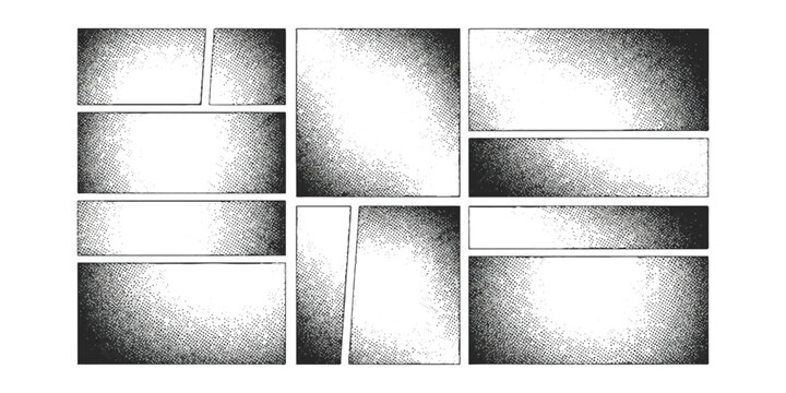 Blank comic book page layout with black and white halftone dot pattern panels