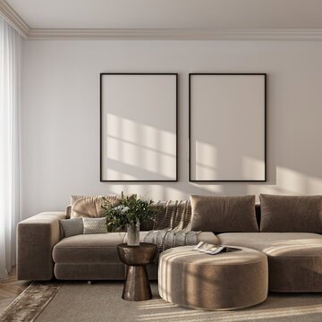 Modern Living Room Poster Frame Mockup with Natural Light and Minimalist Decoration. 3D render.