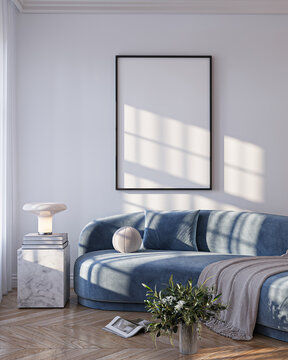 Modern Living Room Poster Frame Mockup with Natural Light and Minimalist Decoration. 3D render.