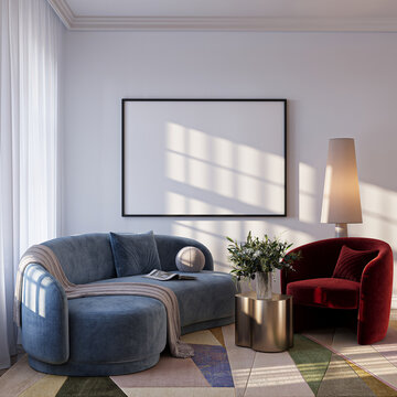 Modern Living Room Poster Frame Mockup with Natural Light and Minimalist Decoration. 3D render.