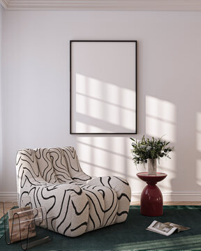 Modern Living Room Poster Frame Mockup with Natural Light and Minimalist Decoration. 3D render.