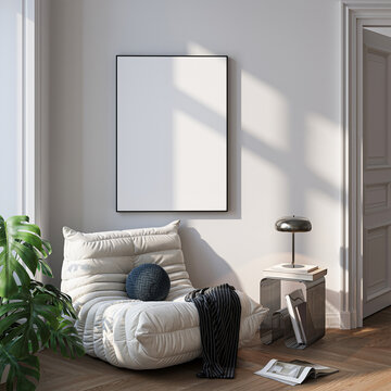 Modern Living Room Poster Frame Mockup with Natural Light and Minimalist Decoration. 3D render.