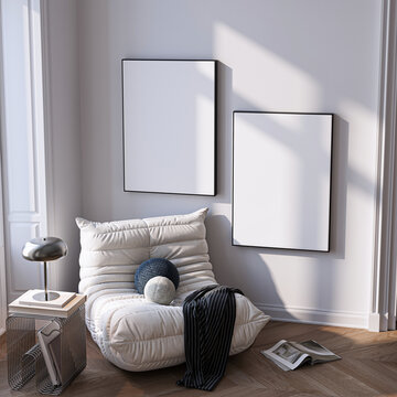 Modern Living Room Poster Frame Mockup with Natural Light and Minimalist Decoration. 3D render.
