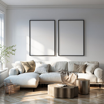 Modern Living Room Poster Frame Mockup with Natural Light and Minimalist Decoration. 3D render.