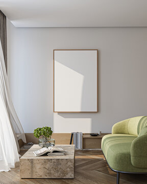 Modern Living Room Poster Frame Mockup with Natural Light and Minimalist Decoration. 3D render.