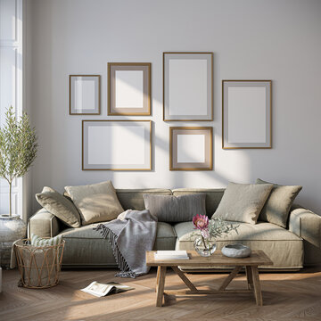 Modern Living Room Poster Frame Mockup with Natural Light and Minimalist Decoration. 3D render.