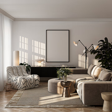 Modern Living Room Poster Frame Mockup with Natural Light and Minimalist Decoration. 3D render.