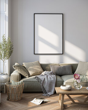 Modern Living Room Poster Frame Mockup with Natural Light and Minimalist Decoration. 3D render.