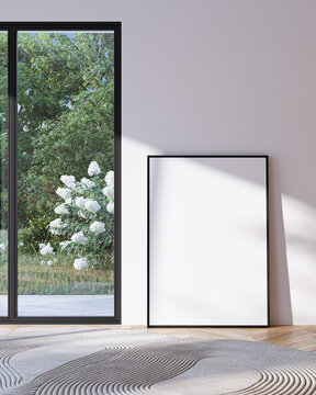 Modern Living Room Poster Frame Mockup with Natural Light and Minimalist Decoration. 3D render.