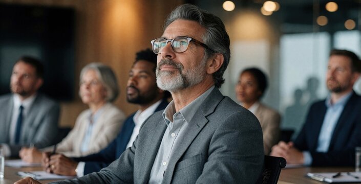 Diverse professional business team attends corporate meeting in modern office boardroom. Focused mature man with grey beard wears glasses, listens carefully. Colleagues sit at large table discussing