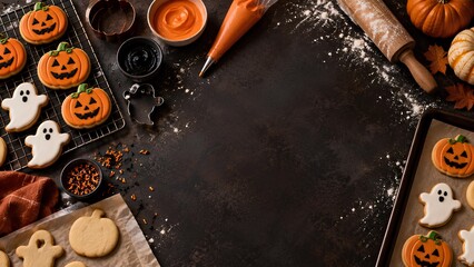 ハロウィンのクッキー作りとデコレーションの風景 / Halloween cookie baking and decoration scene (Generative AI) © Hashigo