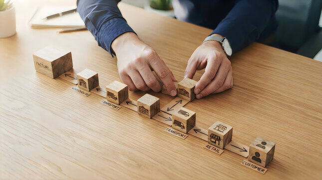 Wooden blocks depicting supply chain logistics are arranged on a light wood surface