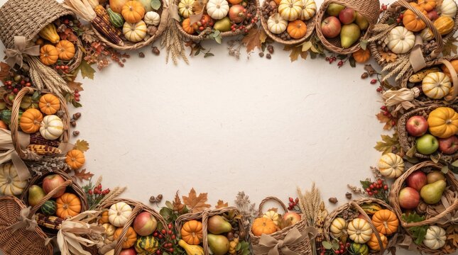 Thanksgiving harvest frame with pumpkins and autumn fruits on white background