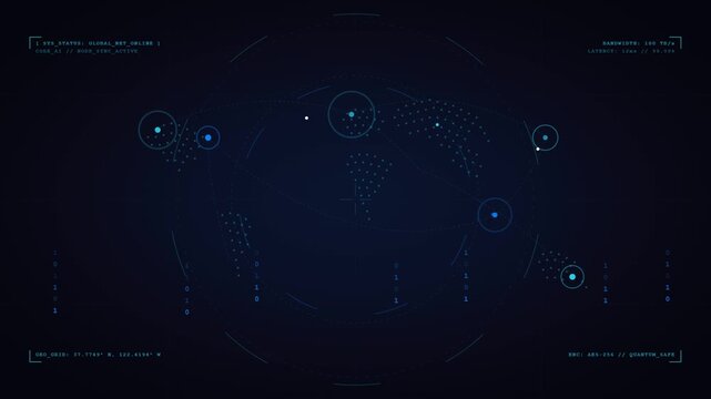 Digital global network HUD interface showing data connection nodes and world map for cyber security and technology concepts