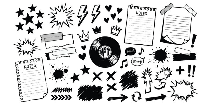 Set of hand drawn doodle elements like notes stars crowns arrows and speech bubbles for design