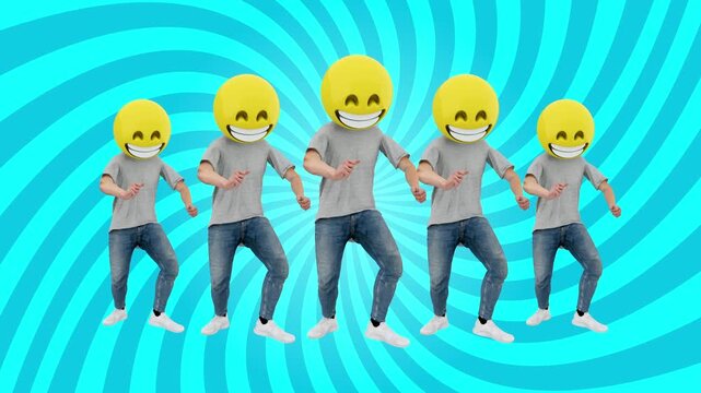 Group of people wearing yellow smiley face masks dancing on blue swirl background digital art