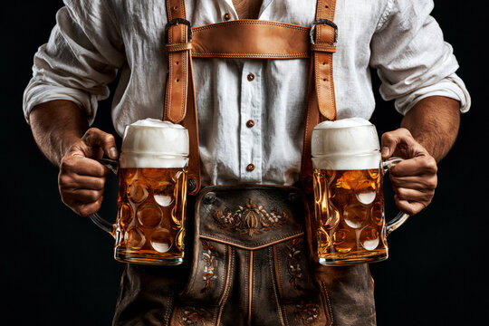 Man in Bavarian lederhosen holding two beer mugs isolated on black background with clipping path, Oktoberfest concept