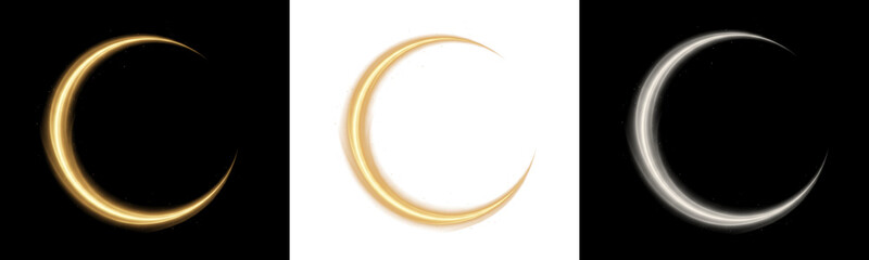 Set of glowing golden and silver crescent moons on black and transparent background © Shopna