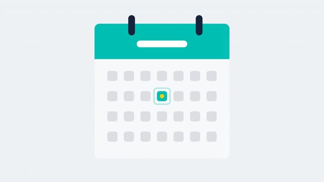 Flat design calendar animation with teal header band, binder rings, popping date grid cells and highlighted event day with pulse ring, 4K motion graphics.