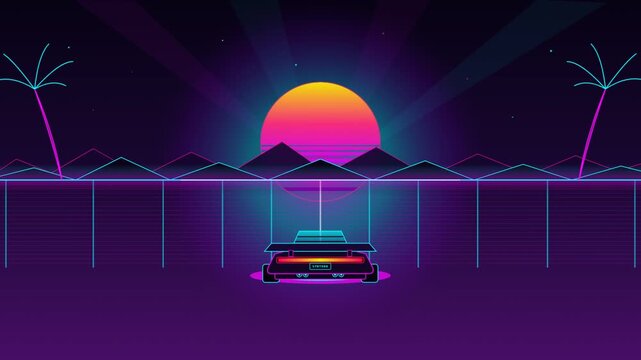 Retro 80s Synthwave Background with Sports Car Driving Towards Neon Sunset and Cyberpunk Landscape Digital Illustration