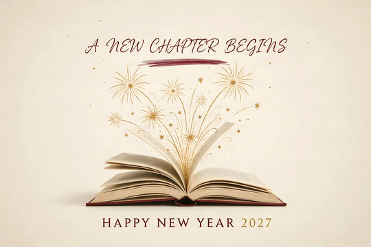 Open book with golden fireworks emerging from pages and text a new chapter begins happy new year 2027 on a vintage paper background