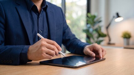 digital workflow management. businessman holding stylus pen over blank tablet screen on office desk. paperless office and corporate technology concept.   © dom studio