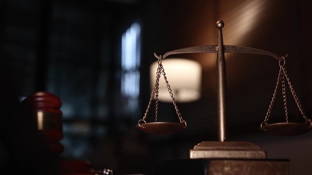 Scales of justice and judge's gavel on a wooden table in a law office or courtroom, representing law, justice, attorney, and legal system concepts.