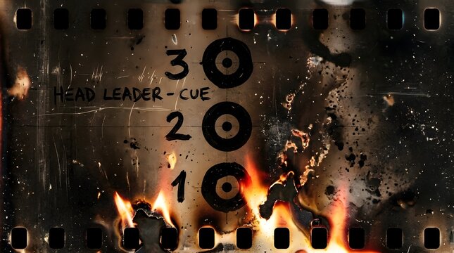 Old movie reel start-up burn texture with black circle leader marks and flares