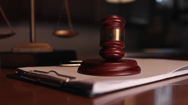 a wooden judge's gavel resting with legal documents placed on a clipboard with a scale of justice softly blurred in the background on a lawyer's desk inside a courtroom or law office.