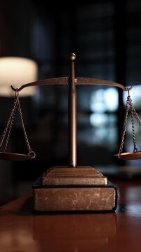Scales of justice and judge's gavel on a wooden table in a law office or courtroom, representing law, justice, attorney, and legal system concepts.
