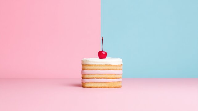 A minimalistic slice of layered cake with white frosting topped with a single red cherry, set against a split pink and blue background.