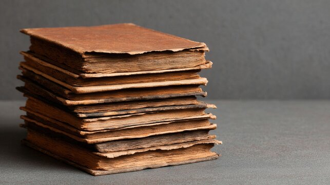 A stack of old, weathered books with rough, textured pages resting on a gray surface against a plain gray background.