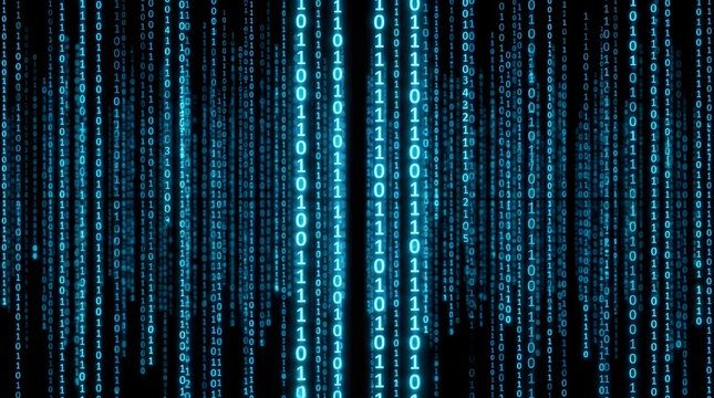 Abstract blue binary code streaming on black background digital data stream