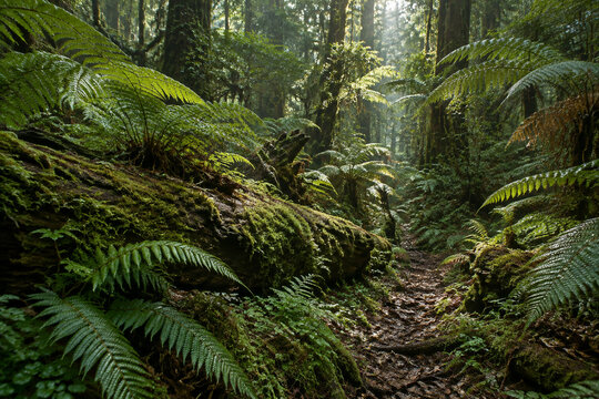 Uncivilized primeval forest floor with ferns and mossy logs