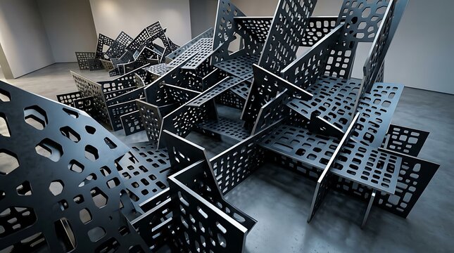 Industrial metallic latticed structure is constructed from dark geometric mesh panels for architectural design installations and background.