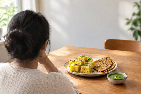 Plate of dhokla and thepla with chutney on grocery table, Indian food concept