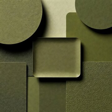Olive green geometric background with layered circles and rounded square shapes in textured monochrome composition