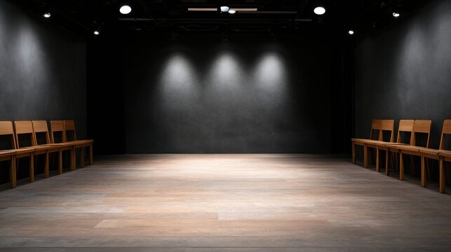 An empty stage with wooden chairs arranged along both sides under spotlights in a dark room.