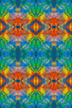 Colorful kaleidoscope pattern with teal blue and orange acrylic textures