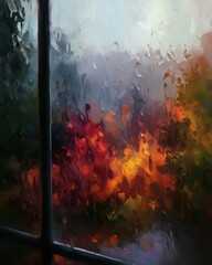 Obraz premium Rain falls on a window, creating distortions. Autumn colors appear blurred in the background. The scene has a moody atmosphere.