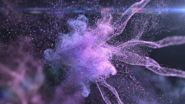 Abstract purple and silver particle cloud with flowing shapes and sparkling light in a dark background