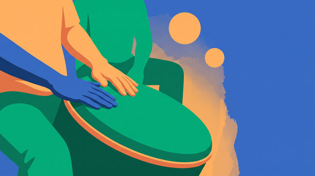 People playing drums in a vibrant abstract setting  