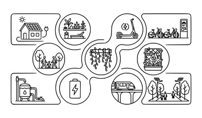 Fototapeta premium Future green city renewable energy and sustainable transport outline icon collection