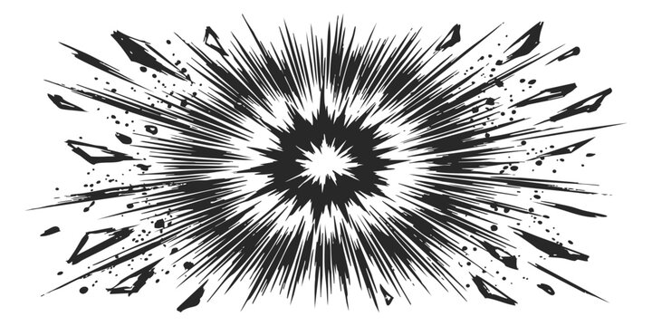 Black and white comic book style explosion graphic with sharp debris pieces and dynamic motion speed lines effect