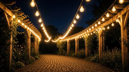 Obraz premium Wooden pergola with string lights at night. Curved bulb strands illuminate garden path. Cozy outdoor lighting creates warm ambient atmosphere.