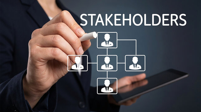 Stakeholder Mapping: A hand holding a stylus draws a flowchart representing stakeholder relationships on a dark background, illustrating business connection and influence.