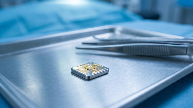 A highly detailed medical close-up of a futuristic brain-computer interface implant, showcasing a tiny titanium microchip and glowing gold neural threads on a sterile tray.