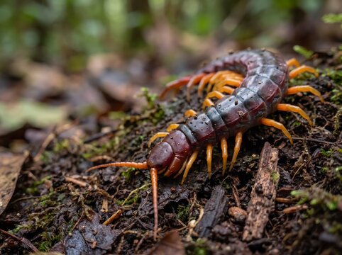 A close-up of a centipede crawling on forest floor litter with moss, leaves, and twigs in a natural woodland environment.