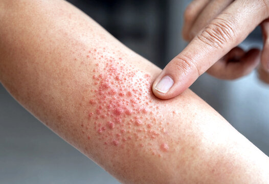Person touching skin with red irritated rash and small bumps on forearm area