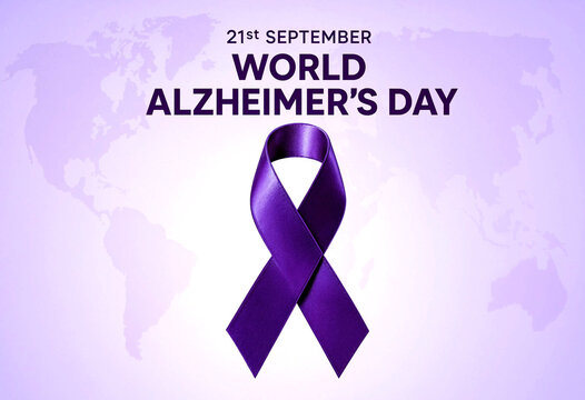 World Alzheimers Day Purple Ribbon Graphic Overlaid on World Map Background Design